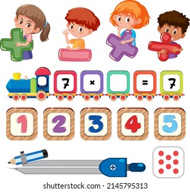 Math classroom objects with supplies and students illustration