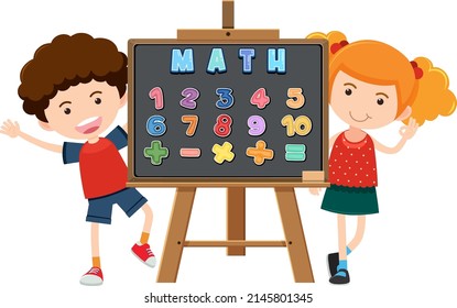 Math classroom objects with supplies and students illustration