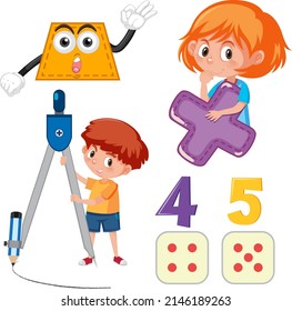 Math classroom objects with supplies and students illustration