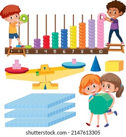 Math classroom objects with supplies and students illustration