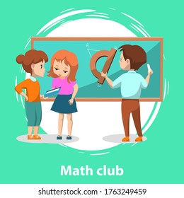 Math club. Group of kids solving geometry problems. Boy drawing on blackboard with chalk. Back to school concept. Vector illustration in flat cartoon style