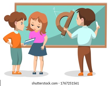 Math club. Group of kids solving geometry problems. Boy drawing on blackboard with chalk. Back to school concept. Vector illustration in flat cartoon style