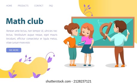 Math club web site. Group of kids solving geometry problems. Boy drawing on blackboard with chalk. Back to school concept. Landing page template with curious children with an interest in mathematics