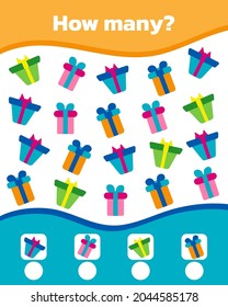 Juego matemático colorido para los niños. ¿Cuántos adorables regalos navideños hay ahí? Ilustración vectorial.
