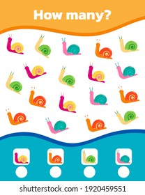 Math colorful game for kids. How many cute snails are there. Vector illustration.