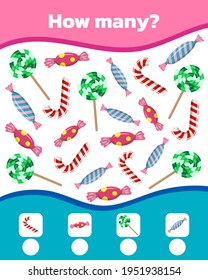 Math colorful game for kids. How many cute sweet candies are there. Vector illustration.