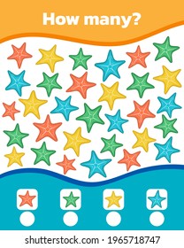 Math colorful game for kids. How many multicolored starfish are there. Vector illustration.