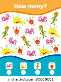 Math colorful game for kids. How many cute monsters are there. Vector illustration.