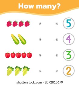 Math colorful game for kids. How many cute sweet fruits and vegetables are there. Vector illustration.