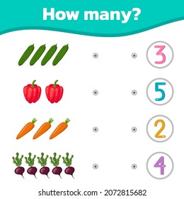 Math colorful game for kids. How many cute sweet elements are there. Vector illustration.