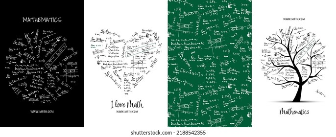 Math concept art collection. Frame, pattern, tree. Set for your design project - cards, banners, poster, web, print, social media, promotional materials. Vector illustration