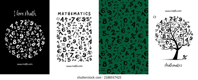 Math concept art collection. Frame, pattern, tree. Set for your design project - cards, banners, poster, web, print, social media, promotional materials. Vector illustration