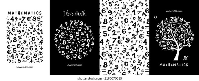 Math concept art collection. Frame, pattern, tree. Set for your design project - cards, banners, poster, web, print, social media, promotional materials. Vector illustration