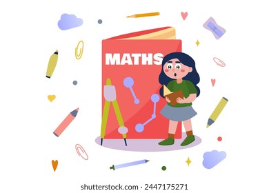Math concept with people scene in flat cartoon design. In this image, a schoolgirl is focused on studying mathematics. Vector illustration.