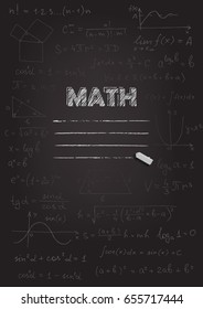 Math copybook cover. Chalk drawing on black blackboard. Vector illustration.