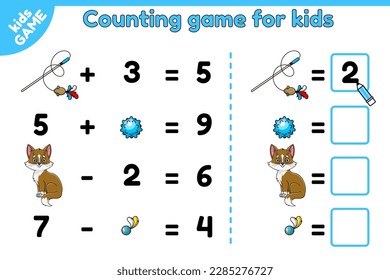 Juego de recuento de matemáticas para niños. Calcular y escribir la respuesta. Actividad para los niños. Rompecabezas matemático para la educación preescolar y escolar. Gatito de dibujos animados y juguetes de gatos. Ilustraciones aisladas de vectores.