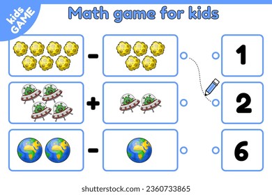 Math counting game for children. Count space objects and choose the number. Exercise for addition and subtraction training. Task for education kids. Cartoon aliens, Moons and planets Earth. Vector.