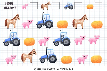 Math counting game for children with farm animals and tractor