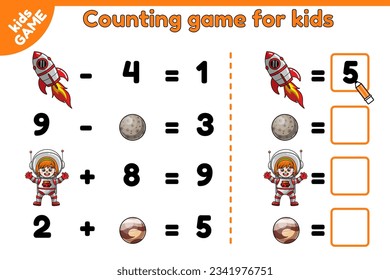 Juego de conteo de matemáticas para niños sobre el tema espacial. Hoja de trabajo educativa para niños con astronautas de niñas de dibujos animados, naves espaciales, planetas Mercurio y Plutón. Calcular y anotar el resultado del cálculo. Vector