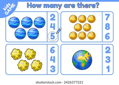 Math counting game for children. Space kids educational worksheet for school. How many planets of the solar system. Count and choose the correct number. Vector cartoon Moon, Earth, Venus, Neptune.