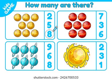 Math counting game for children. Space kids educational worksheet for school. How many planets of the solar system. Count and choose the correct number. Vector cartoon Uranus, Mars, Venus and star Sun