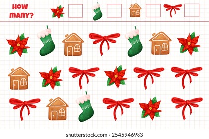 Math counting game with Christmas red bow and gingerbread cookie