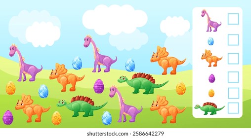 Math counting game with cute dinosaurs and magic eggs