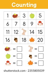 Math counting game. Mathematics educational worksheet to twenty. Preschool educational activity. How many. Useful games for preschool and kindergarten. Write the numbers in correct order