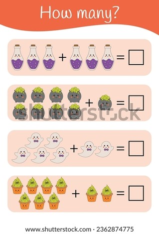 Math counting worksheets for kids. Halloween mathematic addition, subtraction, logic puzzles for preschool, kindergartens, early child development and homeschooling. Math game, educational activity.