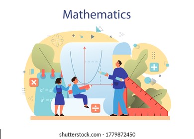 Math course concept. Learning mathematics, idea of education and knowledge. Science, technology, engineering, mathematics education. Isolated flat vector illustration