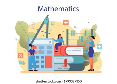 Math course concept. Learning mathematics, idea of education and knowledge. Science, technology, engineering, mathematics education. Isolated flat vector illustration