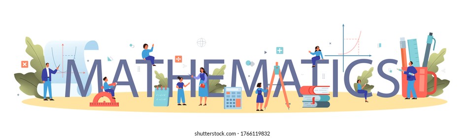 Math course typographic header concept. Learning mathematics, idea of education and knowledge. Science, technology, engineering, mathematics education. Isolated flat vector illustration