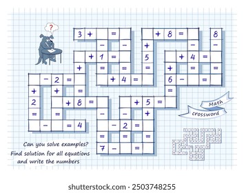 Math crossword. Can you solve examples? Find solution for all equations and write the numbers. Mathematical logic puzzle game on addition and subtraction. Brain teaser book. Vector illustration.