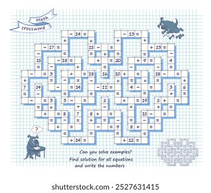 Palavras cruzadas de matemática. Você consegue resolver exemplos? Encontrar solução para todas as equações e escrever os números. Livro de provocação cerebral. Lógica matemática jogo de quebra-cabeça sobre adição e subtração. Ilustração vetorial.