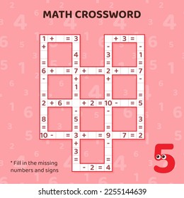 Math Crossword puzzle for children. Addition and subtraction.