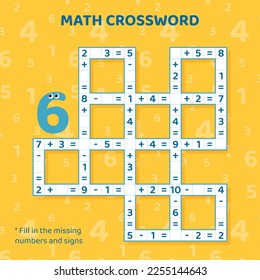 Math Crossword puzzle for children. Addition and subtraction.