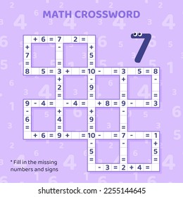 Math Crossword puzzle for children. Addition and subtraction.