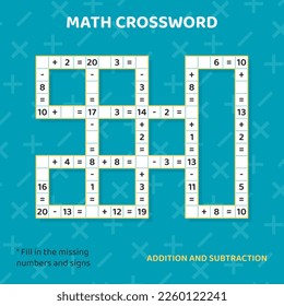 Math Crossword puzzle for children. Addition and subtraction.