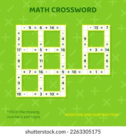 Math Crossword puzzle for children. Addition and subtraction.