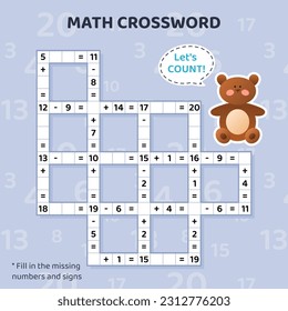 Math Crossword puzzle for children. Addition and subtraction.