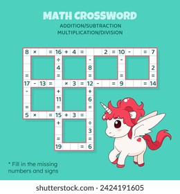 Math Crossword puzzle for children. Addition, subtraction, multiplication and division. Counting up to 20. Vector illustration. Game with cartoon cute unicorn. Task, education material for kids.