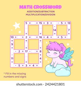 Rompecabezas entre matemáticas para niños. Adición, sustracción, multiplicación y división. Contando hasta 20. Ilustración vectorial. Juego con caricatura lindo pony. Tarea, material educativo para niños.