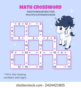 Rompecabezas entre matemáticas para niños. Adición, sustracción, multiplicación y división. Contando hasta 20. Ilustración vectorial. Juego con el lindo unicornio de dibujos animados. Tarea, material educativo para niños.