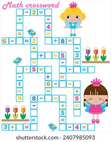 Math Crossword puzzle for children solve examples. Math crossword princes. Princes. Education for kids. Isolated background