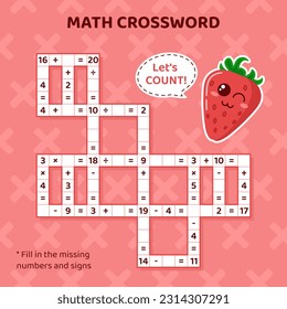 Math Crossword puzzle for kids. Addition, subtraction, multiplication and division