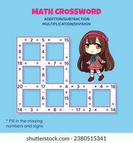Math Crossword puzzle for kids. Addition, subtraction, multiplication and division