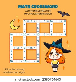 Math Crossword puzzle for kids. Addition, subtraction, multiplication and division