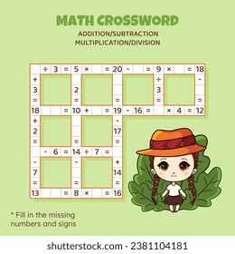 Math Crossword puzzle for kids. Addition, subtraction, multiplication and division