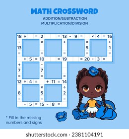 Math Crossword puzzle for kids. Addition, subtraction, multiplication and division