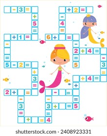 Math Crossword puzzle for kids. Addition, subtraction, multiplication and division. Math puzzle for children solve examples. Math princess	